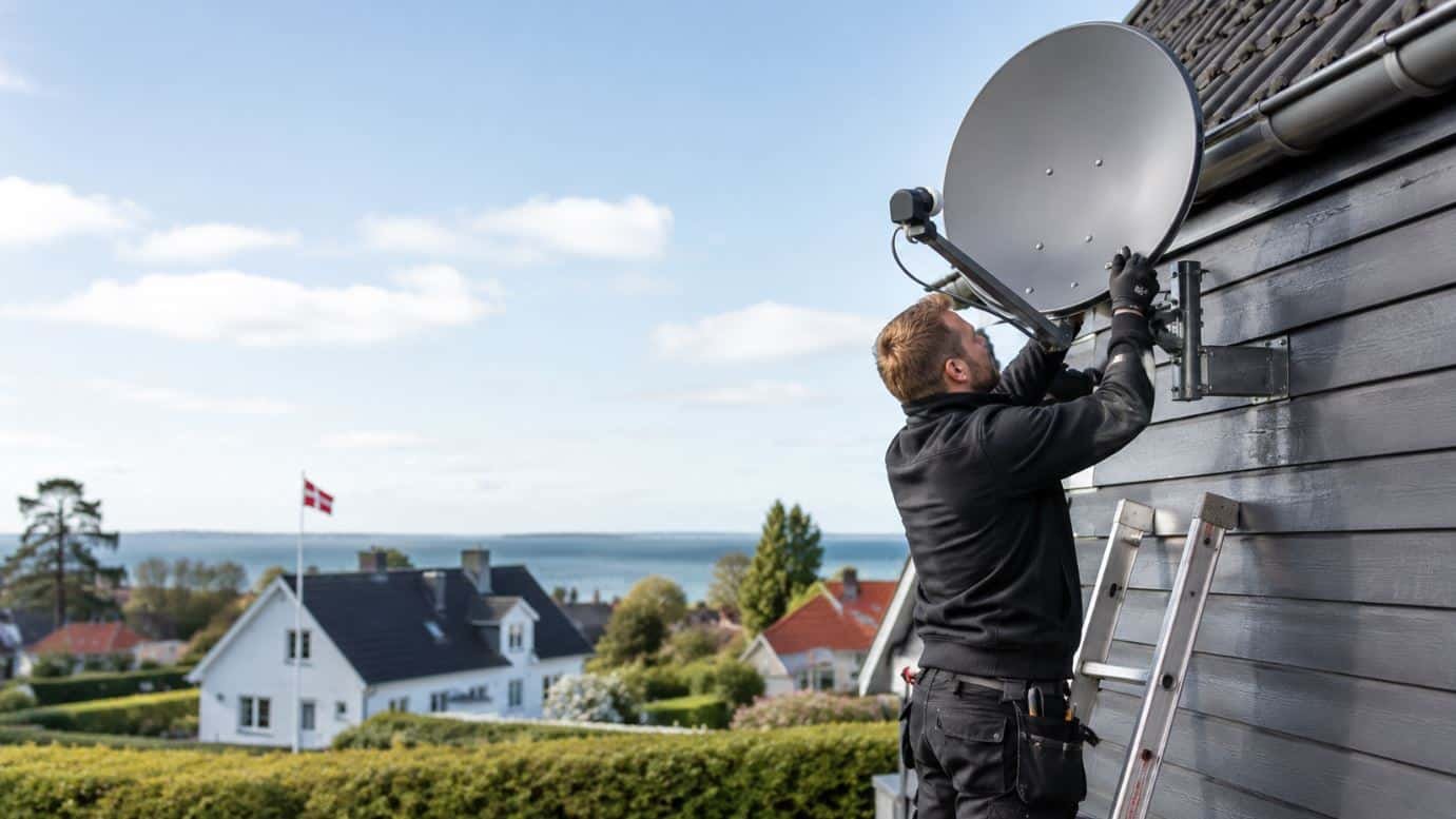 Tekniker installerer parabol på et hus i Danmark